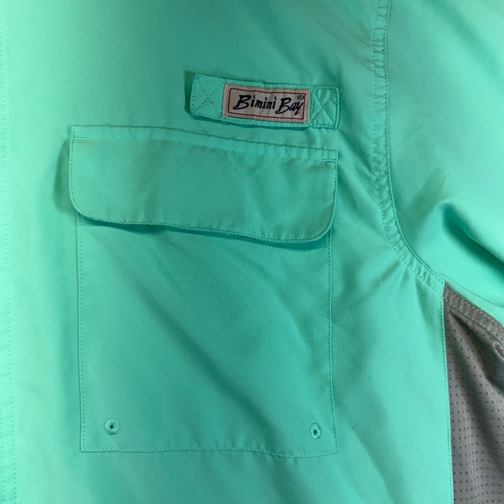 Bimini Bay Fishing Shirt Mens XL Mint Green Bangladesh Poly Mesh Utility Pockets - Picture 6 of 11